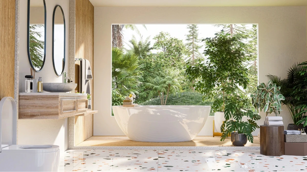 A bathroom with a large tub and plants in the window.